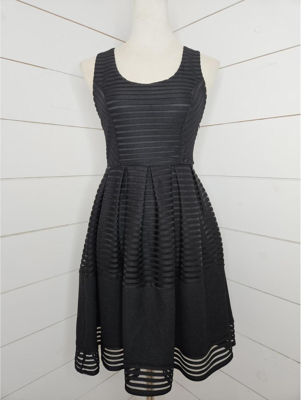 Ya Los Angeles small little black dress LBD striped sheer with liner